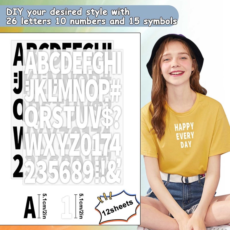 Metsyth 612 PCS 12 Sheets Iron on Letters for Clothing 2 Inch Large Iron on Letters and Numbers Patches with A-Z,0-9 PU Heat Transfer Adhesive Stickers for DIY Clothes Printing Fabric Craft,Black and White - Image 2